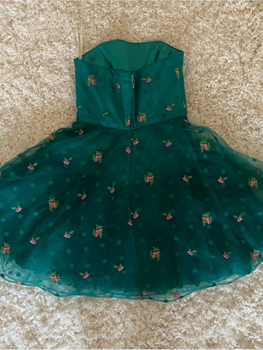 Betsey Johnson Evenings Vintage Green Floral Polkadot Tulle Strapless Dress - Picture 3 of 4